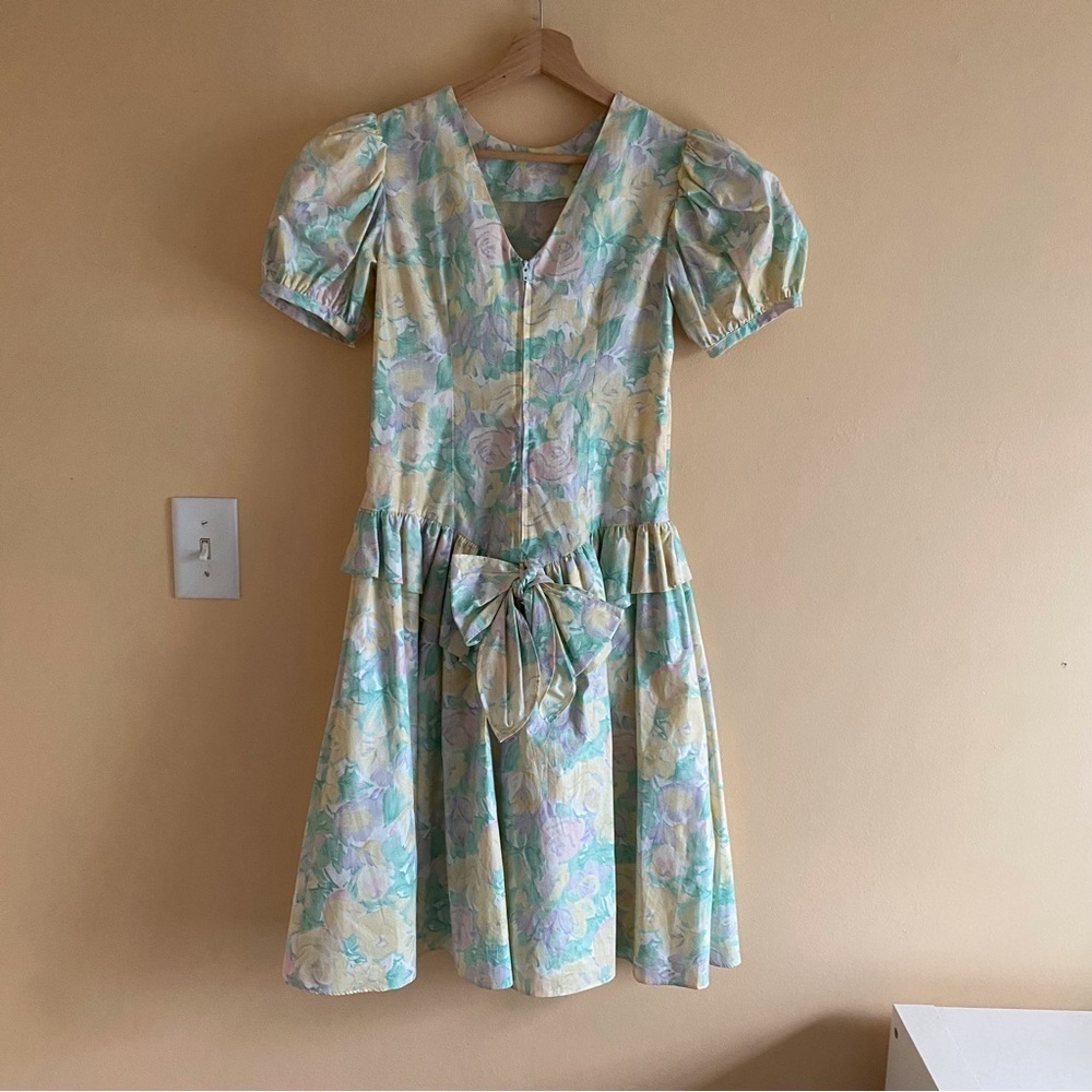 Vintage Manhattan Girl XL 80s Floral Drop Waist Back Bow Puff Short Sleeve Retro - Picture 4 of 17